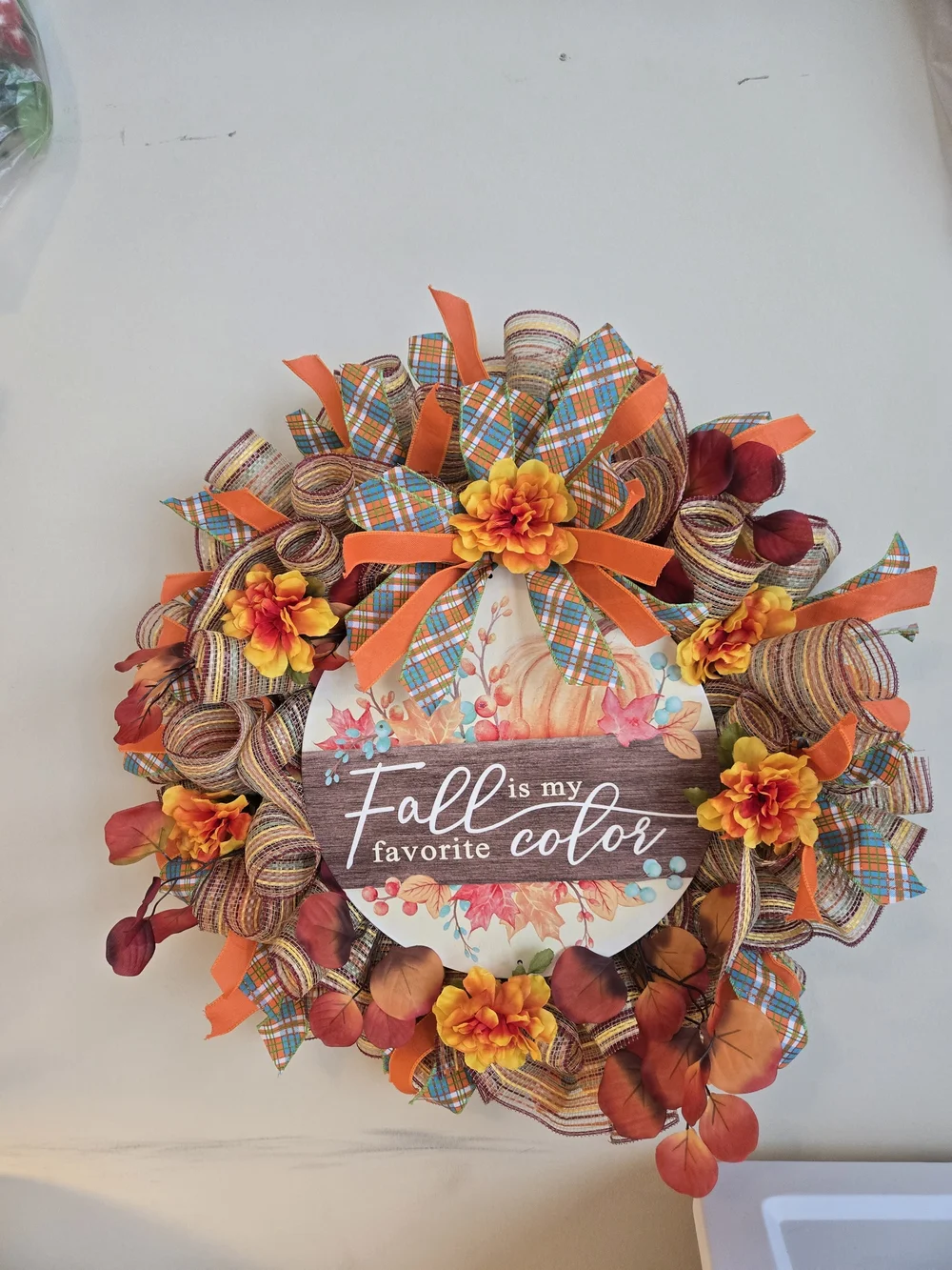 Autumn Plaid Fall Wreath with Orange & Yellow Accents